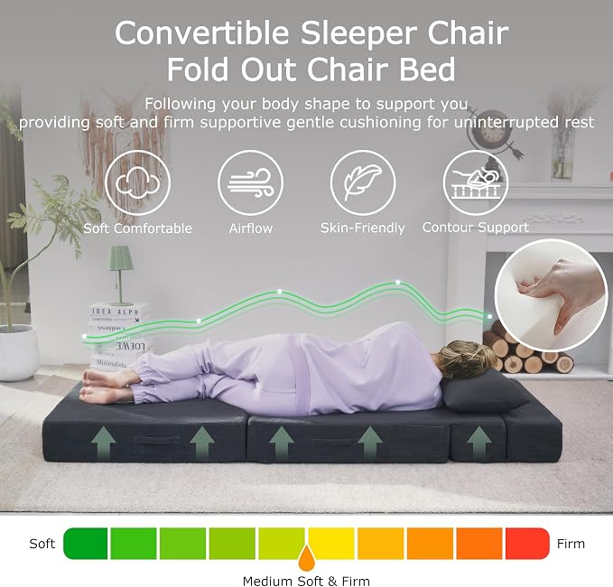 Folding Sofa Bed, 4 in 1 Convertible Sleeper Chair with Pillow, Queen Memory Foam Fold Out Chair Bed, Modern Floor Futon Sofa Couch Mattress for Living Room/Guest/Apartment, Dark Grey