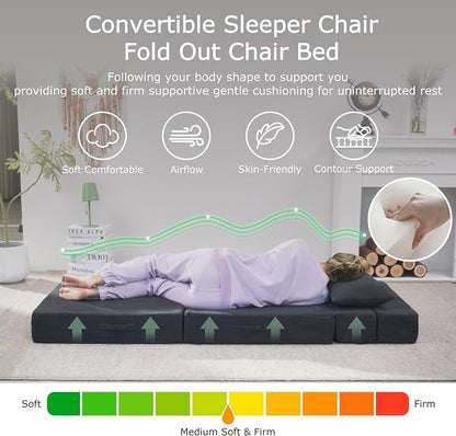 Folding Sofa Bed, 4 in 1 Convertible Sleeper Chair with Pillow, Queen Memory Foam Fold Out Chair Bed, Modern Floor Futon Sofa Couch Mattress for Living Room/Guest/Apartment, Dark Grey