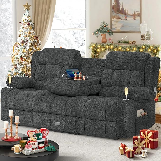 Dresegmt Loveseat Recliner Sofa, Flip Middle Backrest Design 3 Seat Reclining Sofa with Storage Drawer, USB Ports & Cup Holders, Manual Couch for Living Room/RV (New Gray)