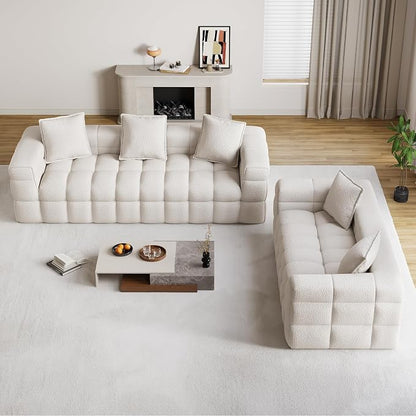 Chenille Cloud Sofa Couch Set with 5 Soft Pillows,Comfy Upholstered LoveSeat Sofa Set,Modern Deep Seat Sherpa Cloud Couch, Oversized Love Seat for Living Room,Beige White