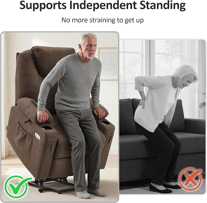 MCombo Power Lift Recliner Chair for Elderly, Lift Chair with Heat and Massage for Tall People, USB&Type C Ports, Extended Footrest, Cup Holders, Fabric 7516 (Large, Brown)