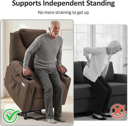 MCombo Power Lift Recliner Chair for Elderly, Lift Chair with Heat and Massage for Tall People, USB&Type C Ports, Extended Footrest, Cup Holders, Fabric 7516 (Large, Brown)
