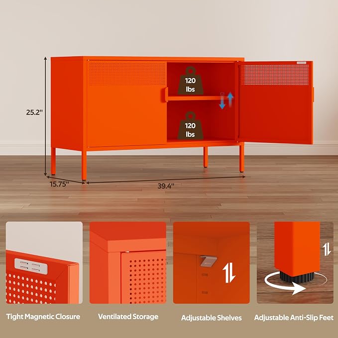Orange 25" H Metal Storage Cabinet with Adjustable Shelf, 2 Door Accent Cabinet, 2-Tier Low Cabinet with Vent Hole, TV Stand for Entryway, Home Office, Music Studio