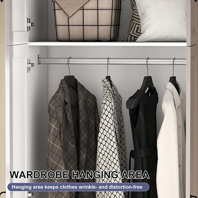 White Armoire Wardrobe Closet: 88" Extra Tall Wardrobe Closet with 4 Drawers, Bedroom Armoires with 4 Doors, Wood Large Armoire with Top Cabinet (White, 63")
