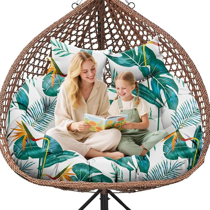 Double Egg Chair Cushion Replacement Waterproof for Outdoor Patio Hanging Basket Egg Chairs, 59x43-Inch Thickened 100% Cotton Large Double Eggs Swing Chair Cushions, Yellow-Green Leaf