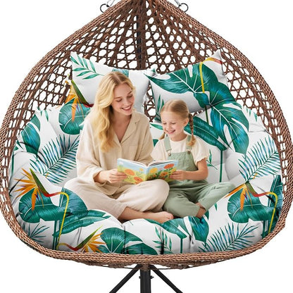 Double Egg Chair Cushion Replacement Waterproof for Outdoor Patio Hanging Basket Egg Chairs, 59x43-Inch Thickened 100% Cotton Large Double Eggs Swing Chair Cushions, Yellow-Green Leaf