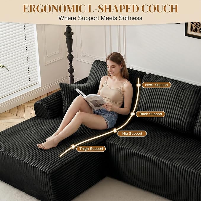 110" L Shaped Boneless Sectional Couches for Living Room, Comfy Corduroy Floor Cloud Sofa with Chaise, Wide Armrest, Deep Seat, Memory Foam, Assembly Free, Ideal for Small Spaces, Black