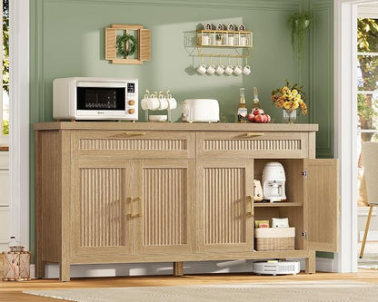 usikey 63" Buffet Cabinet with Storage, Large Sideboard Buffet Cabinet with 2 Adjustable Shelves and 2 Drawers, Modern Fluted Coffee Bar for Kitchen, Living Room, Natural