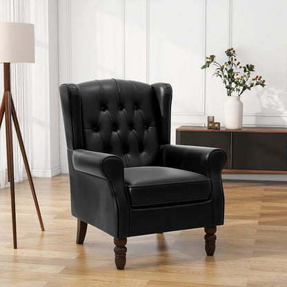 Faux Leather Accent Chairs Set of 2, High Back Upholstered Armchair for Living Room, Wingback Chair Comfy Single Sofa Bedroom Reading Seat with Solid Wood Legs - Black