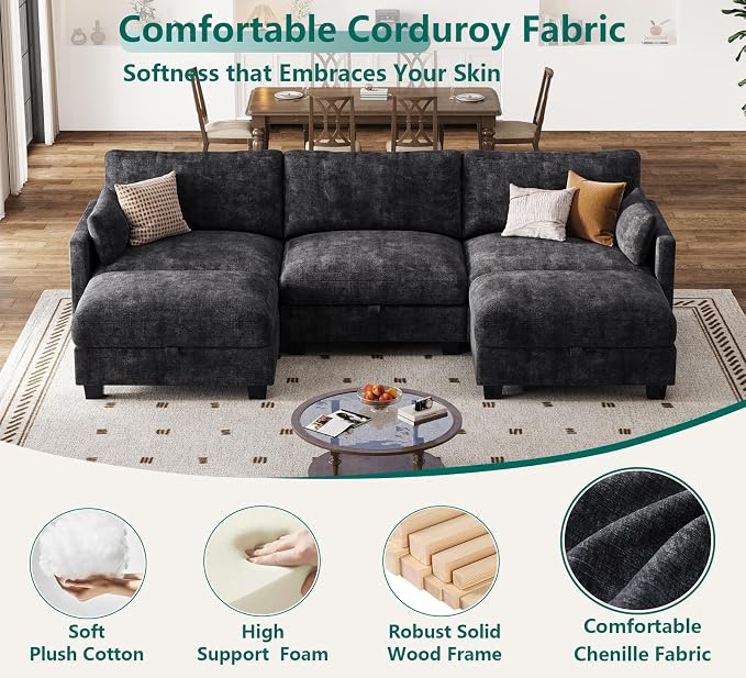 Sectional Couches for Living Room, U Shaped Modular Sectional Sofa, Cloud Couch with Storage Ottoman, Comfy Chenille Sofa with Pillow, Black