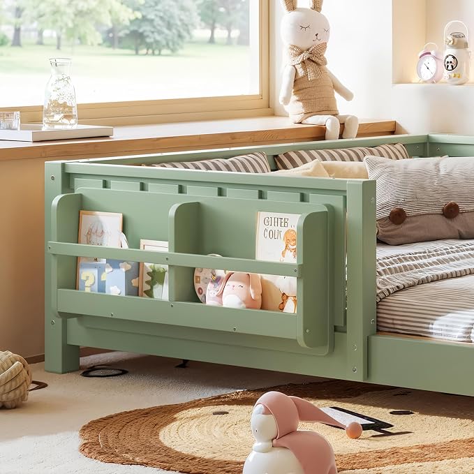 Bellemave Full Floor Bed with Slats and Rails, Full Size Montessori Floor Bed with Bookcase and Fence, Easy Assemble Montessori Beds for Girls, Boys, Avocado Green
