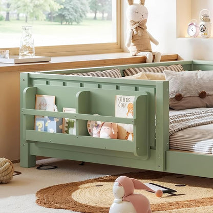Bellemave Full Floor Bed with Slats and Rails, Full Size Montessori Floor Bed with Bookcase and Fence, Easy Assemble Montessori Beds for Girls, Boys, Avocado Green