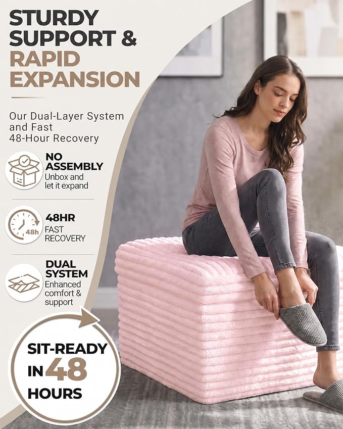 23.6in Pouf Ottoman, Corduroy Ottoman Foot Rest with Dual‑Layer Support, Large Poofy Pouf with Soft Chunk‑Foam Top & Firm Foam Base, Floor Foot Stool for Living Room, Pink