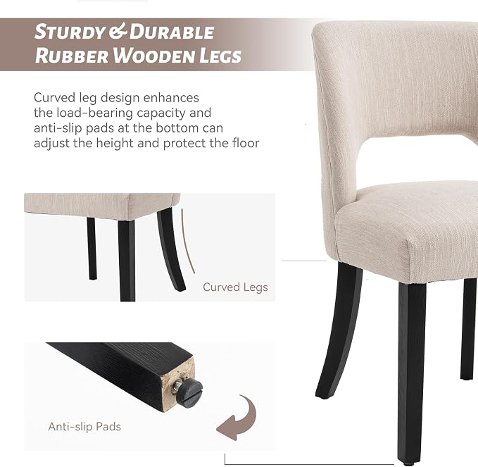VKNOW Wooden Dining Chairs Set of 6, Modern Fabric Upholstered Dining Room Chair Kitchen Chairs, Farmhouse Dinner Chair for Kitchen Dining Room, Beige-Black Legs