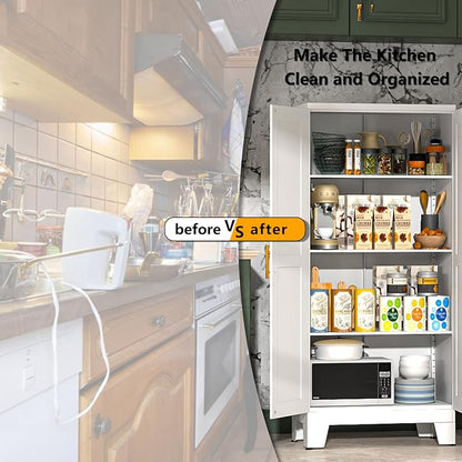 PAOFIN White Metal Kitchen Storage Cabinet, Kitchen Pantry Storage Cabinet with Doors and Shelves, Storage Cabinet with Adjustable Leveling Foot for Kitchen, Living Room and Dining Room. 61" H