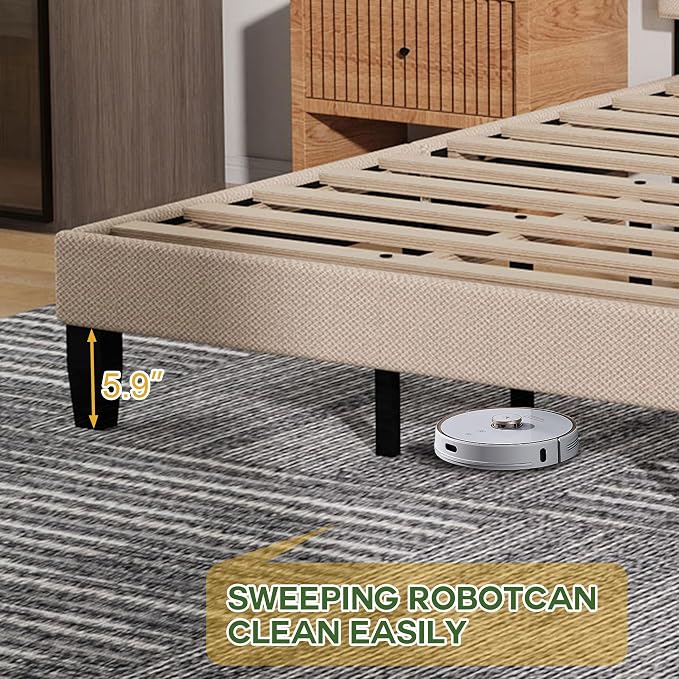 King Size Bed Frame with Headboard, Platform Bed with Soft Linen Upholstered Headboard | Wooden Slats Support | Adjustable Height | No Box Spring Needed, King Bed Frame Beige
