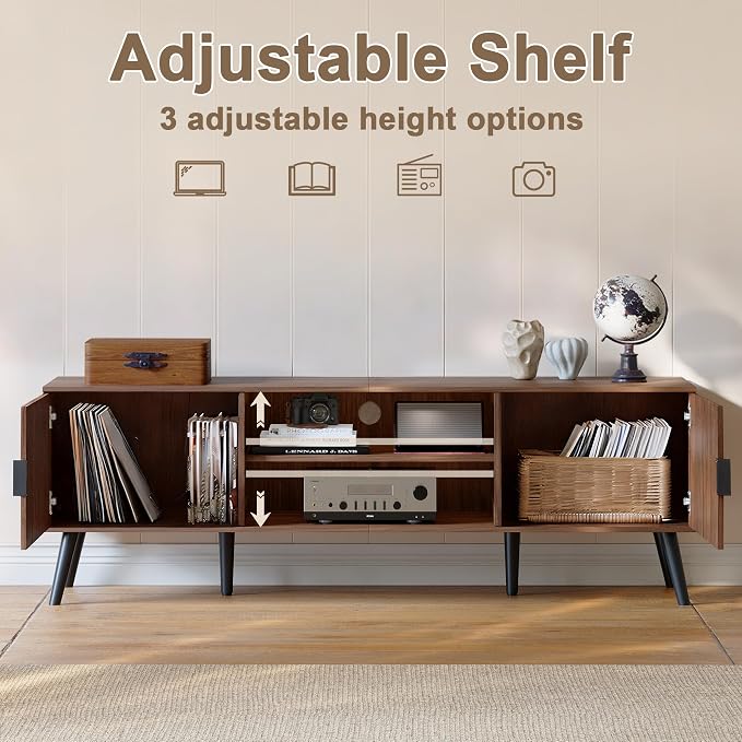 ChooChoo TV Stand for Living Room, Mid Century Modern TV Stand for 55/60 Inch TVs, Entertainment Center with Storage Cabinet and Open Shelves, TV Console Table Media Cabinet for Bedroom, Walnut