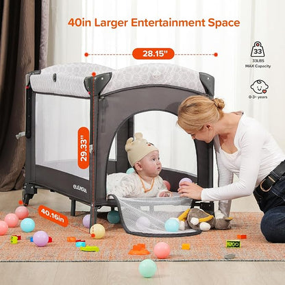 ELEMARA Baby Bassinet Bedside Crib with Diaper Changer, Pack and Play with Mattress for Baby，4 in 1 Playpen Travel Bed with Storage,Playard with Adjustable Height