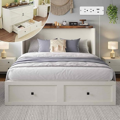LUXOAK Murphy Bed with Charging Station, Queen Size Cabinet Bed with Large Storage Drawer for Home Office or Small Room, Hideaway Foldable Platform Bed, White
