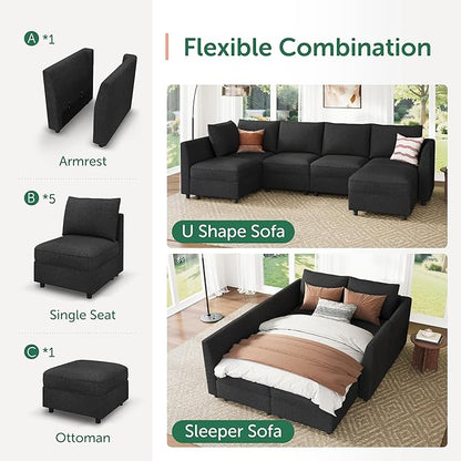 HONBAY Modular Sofa Sectional Sleeper Couch with Storage Modular Couch Convertible Couches for Living Room - Linen Grey