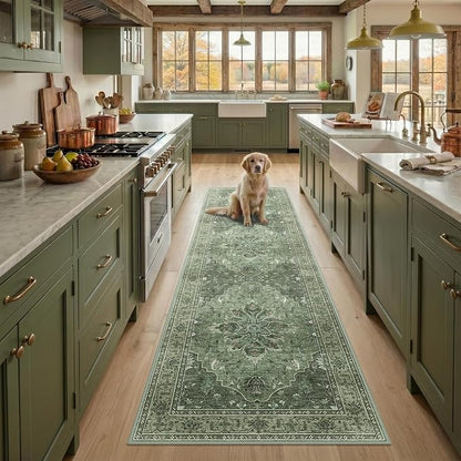 RELEANY Area Rugs Runner 2'x7' Washable Non-Slip, Floral Vintage Distress Medallion Carpet for Kitchen Hallway Bedroom Beside Laundry Room Bathroom, Dark Green Gray