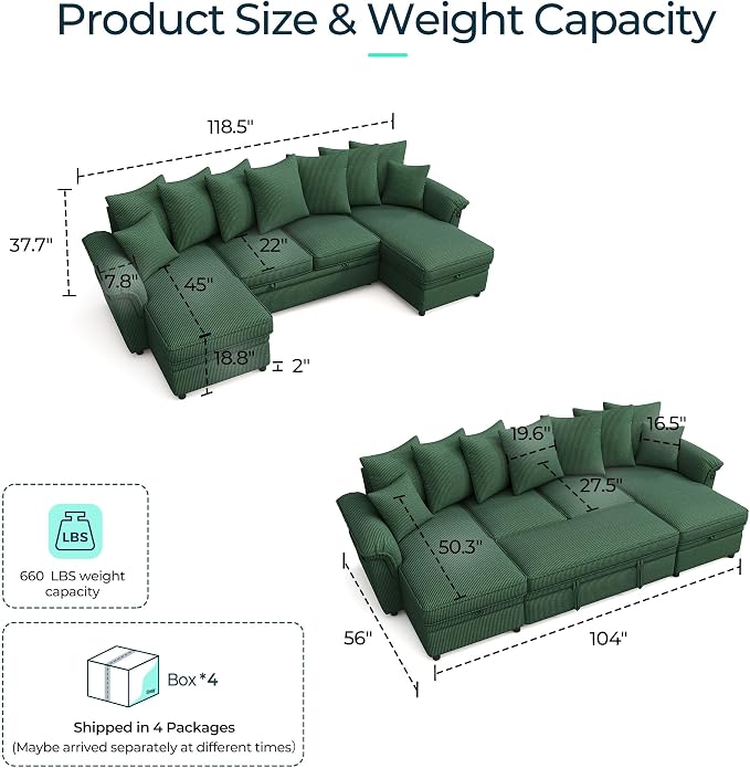 LINSY HOME Oversized Sectional Sleeper Sofa with Pull Out Couch Bed (Green, 118.5'') | USB Charging