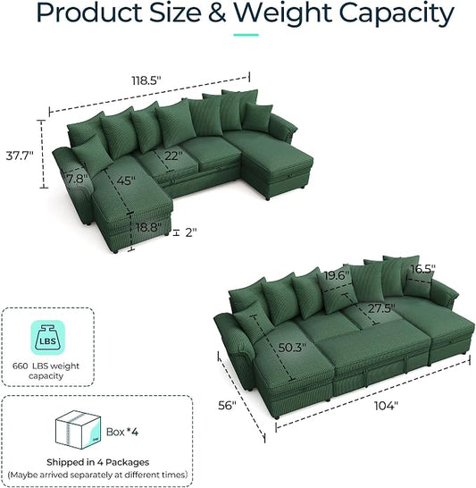 LINSY HOME Oversized Sectional Sleeper Sofa with Pull Out Couch Bed (Green, 118.5'') | USB Charging