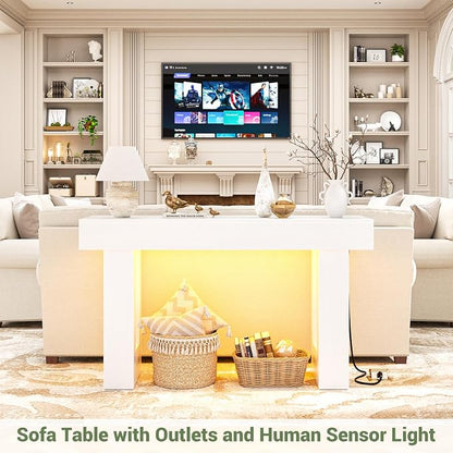 Unikito 47" Entryway Table with Socket and Sensor Light, Narrow Console Table with Storage Behind Couch, Farmhouse Entry Way Tables with Open Storage for Entrance/Hallway/Living Room, White
