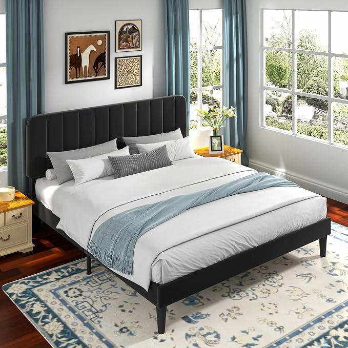 VECELO King Size Bed Frame with Upholstered Headboard, Velvet Platform Bedframe Mattress Foundation, Strong Wood Slat Support, No Box Spring Needed,Black