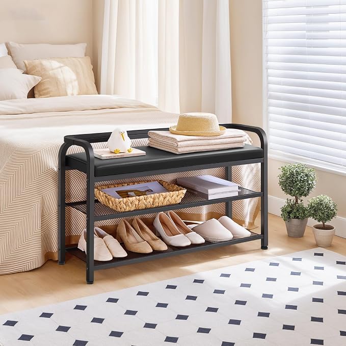 YATINEY Shoe Bench with Backrest, Entryway Bench, 2-Tier Shoe Rack with PU Padded Seat, Upholstered Shoe Storage Bench with Back, for Hallway, Entryway, Foyer, Bedroom, Black HX14BB