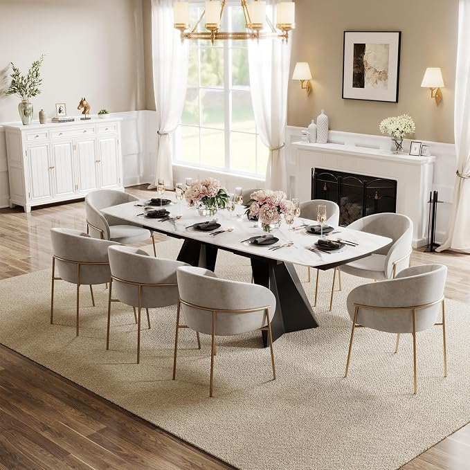 Honyee Extendable Dining Table with Leaf, 65 to 95 Inch Rectangular Sintered Stone, Modern Large Dining Room Table Seats 6 8 10 12, Metal Base, Marble Look for Family Gatherings