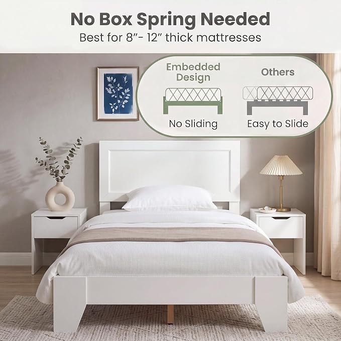 Giantex Twin Size Wooden Bed Frame with Headboard, Wood Slat Support | Modern Platform Bed with Heavy Duty Mattress Foundation, Under-Bed Storage, No Box Spring Needed, Easy Assembly (White)