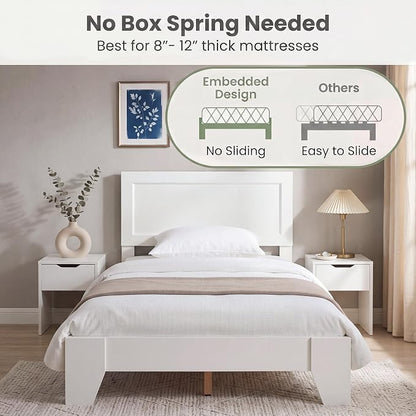 Giantex Twin Size Wooden Bed Frame with Headboard, Wood Slat Support | Modern Platform Bed with Heavy Duty Mattress Foundation, Under-Bed Storage, No Box Spring Needed, Easy Assembly (White)