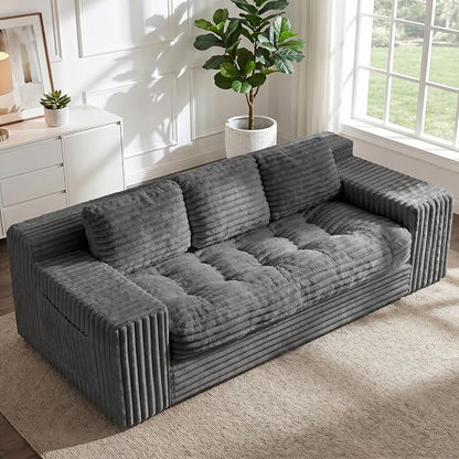 Boneless Couch, Cloud Loveseat Sofa Corduroy Couch in a Box, Upholstered Boneless 3 Seater Couch for Living Room Bedroom Office Apartment, No Assembly Required, Grey