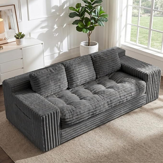 Boneless Couch, Cloud Loveseat Sofa Corduroy Couch in a Box, Upholstered Boneless 3 Seater Couch for Living Room Bedroom Office Apartment, No Assembly Required, Grey
