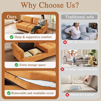 81” Sofa Couch with Storage, Mid Century Modern Decor Loveseat Couches for Living Room, Button Tufted Upholstered Small Couch for Bedroom, Apartment (Ginger)