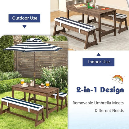 Costzon Kids Picnic Table, Toddler Wood Table & Chair Set w/Cushions, Height Adjustable Umbrella, Children Activity Table Outdoor Furniture Set for Patio, Garden, Backyard, Gift for Ages 3-8 (Blue)