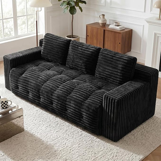 70” Boneless Couch, 3 Seater Sofa Couch with Extra Deep Seats 3 Pillows,Corduroy Modern Small Couch for Living Room, Office, Bedroom, Apartment,Black