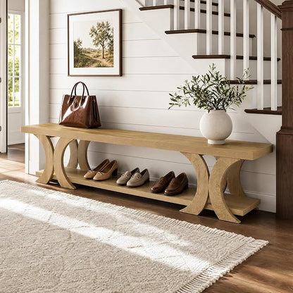 Tribesigns 70.87" Extra Long Entryway Bench, Farmhouse Entryway Bench with Shoe Storage, Wooden Seating with Curved Legs for Living Room, Bedroom, Hallway, Foyer, Easy Assembly