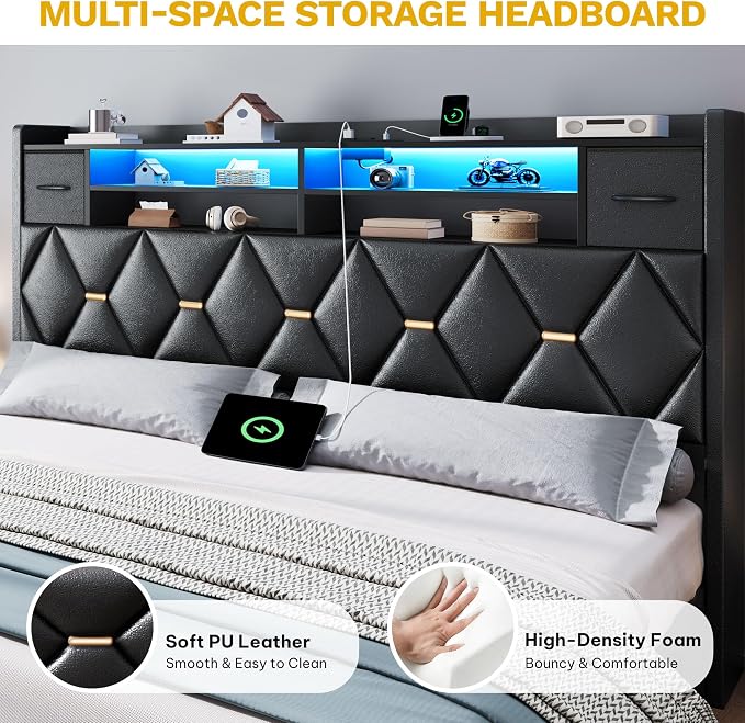 DWVO King Size Bed Frame with 2 Storage Drawers and Storage Headboard, Upholstered Platform with Charging Station and LED Light, No Box Spring Needed, Noise Free, Easy Assembly, PU Leather Black