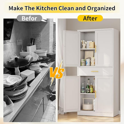 Metal Kitchen Pantry Cabinet, 71"Tall Cabinet with 1 Drawer, Doors and 2 Adjustable Shelves, Pantry Cabinets for Kitchen Storage, Metal Storage Cabinet for Kitchen, Dining Room, Living Room- White