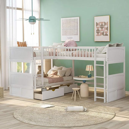 Flieks Triple Bed Twin-Over-Twin-Over-Twin Bed L Shaped Bunk Bed with 2 Drawers and 2 Ladders, No Box Spring Needed