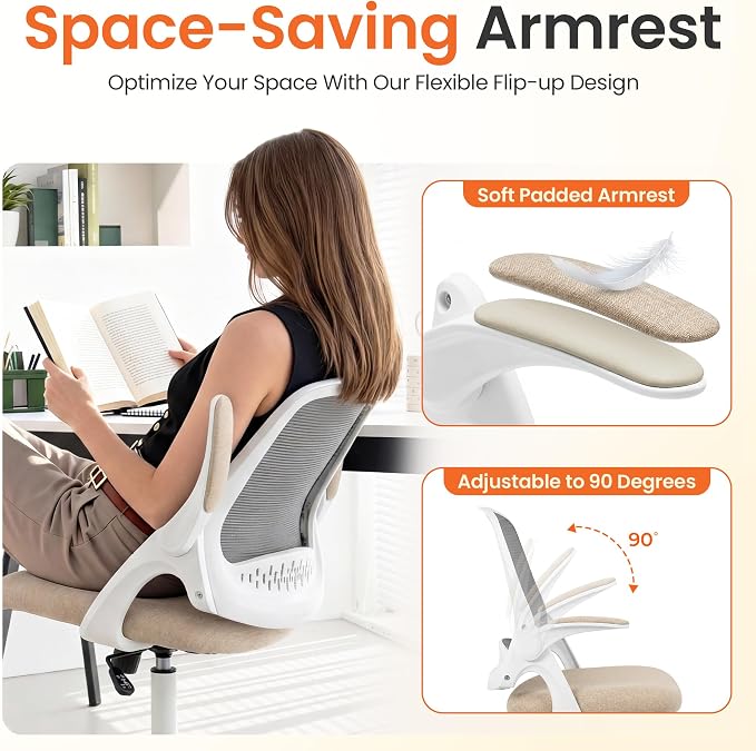 NEO CHAIR Office Chair Computer Desk Chair Ergonomic Gaming Comfy Mesh with Flip-up Arms Lumbar Support Adjustable Height Rolling Wheels for Home Office (Beige)