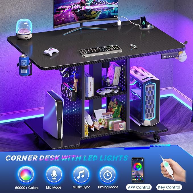 SEDETA Small Standing Gaming Desk, 31.5" Rolling Computer PC Desk Height Adjustable with Power Outlet, Pegboard & Storage Shelves, RGB LED Light, for Small Spaces/Bedroom/Gaming, Carbon Fiber Black