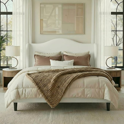 Allewie Full Size Bed Frame, Upholstered Wingback Platform with 47" Tall Tufted Headboard, Plush Velvet Fabric, Modern Minimalist Design, No Box Spring Required, Tool-Free Assembly, White