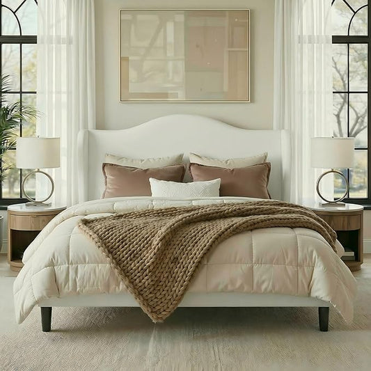 Allewie Full Size Bed Frame, Upholstered Wingback Platform with 47" Tall Tufted Headboard, Plush Velvet Fabric, Modern Minimalist Design, No Box Spring Required, Tool-Free Assembly, White