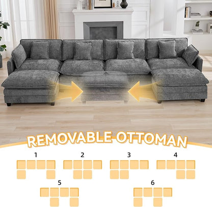 147'' Sectional Cloud Deep Seat Couch, Oversized Chenille U Shaped Sectional Sofa for Living Room Set, Comfy Upholstered Modular Sectional Sofa Couch with 2 Movable Ottoman, Grey