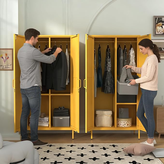67" Industrial Lockable Metal 2-Door Wardrobe Storage Cabinet with Hanging Rod & Adjustable Shelves, Heavy Duty Multipurpose for Bedroom, Garage, Home Office, Yellow 67" H X 31.5" W X 18.1" D