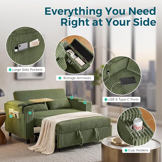 LINSY HOME 3-in-1 Pull Out Sofa Bed, 58" Convertible Sleeper Sofa for Living Room, 360° Swivel Table, Storage Armrests, Charging Station, Cup Holders, 2 Pillows, Corduroy Loveseat Futon Couch, Green