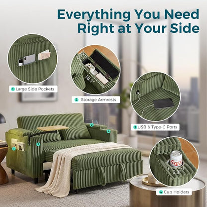 LINSY HOME 3-in-1 Pull Out Sofa Bed, 58" Convertible Sleeper Sofa for Living Room, 360° Swivel Table, Storage Armrests, Charging Station, Cup Holders, 2 Pillows, Corduroy Loveseat Futon Couch, Green